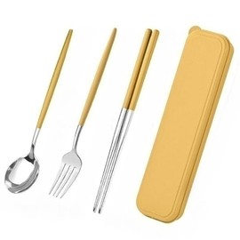 Cutlery Set, Stainless Steel, Chopsticks, Fork, Spoon, 3-piece Set, with Case, Combination Set, Outdoor, Portable Tableware Set, Hygiene, Students, Adults, Tableware Set, For Lunches, Work, School, Lunch Box, Camping, Portable, Convenient Gift (Yellow)