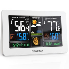 Newentor Weather Station Wireless Indoor Outdoor Thermometer, Color Display Digital Weather Thermometer with Atomic Clock, Barometric Pressure, Forecast Station with Adjustable Backlight, White