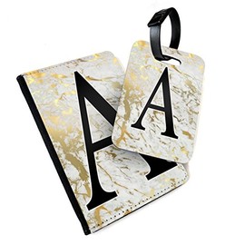 WTF | Custom Marble Large Initials | Printed Art Faux Leather Passport Cover/Luggage Tag (Holder/Tag Combo, White Gold Marble)