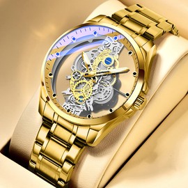 Tiong Gold Clear Cover Skeleton Quartz Watches for Men ，Men'sStainless Steel Waterproof Watches， Men's Clear Cover Business Quartz Watches - Gold