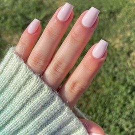 KQueenest White Press On Nails Short - Summer Press On Nails Coffin, Sheer Milky White Medium Fake Nails with Glue, Glossy Opaque, Ballerina Reusable Soft Gel Glue on Nails for Women, 30 Pcs