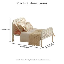 Dollhouse Bed,1:12 Pastoral Style Dollhouse Bedroom Furniture, White Rattan Bed with lace Bedding and Pillow,DIY Furniture Accessories for Dollhouse Decoration (White)
