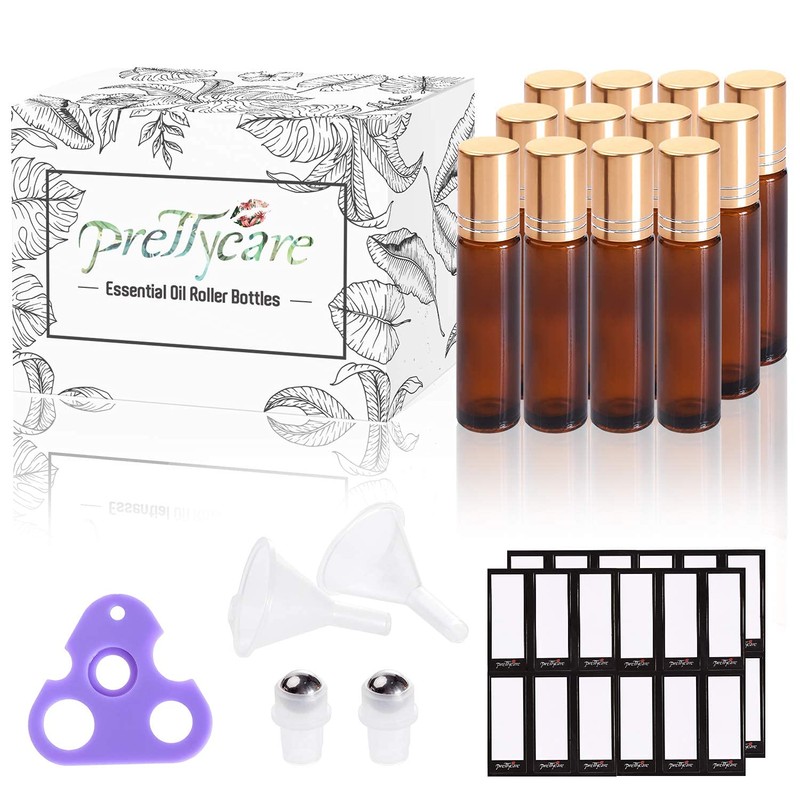 PrettyCare 12 Pack, 10 ml Essential Oil Roller Bottles with