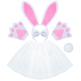 Haakong 5 Pcs Bunny Costume Set for Toddlers Sequin Tutu Skirt Headband Bowtie Bunny Paws and Tail Easter Costume Assesories for Party (White)