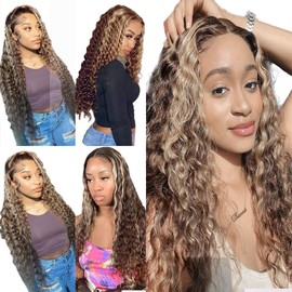 Dokksiiia Piano Color P4613 Highlight Deep Wave Human Hair Bundles Chocolate Brown and Light Blonde Bundles Double Weft Brazilian Human Hair Sew-In Weave Extensions 10 12 14 Inch for Black Women