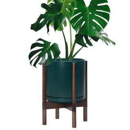 D'vine Dev Ceramic Planter with Walnut Color Stand - 10 Inch Modern Round Flower Pot with Wood Planter Holder, Teal, 55-B-X-4