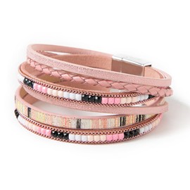 Rantanto Boho Braided Leather Wrap Bracelet Trendy Layered Cuff Bracelets Bohemian Stackable Fashion Bracelet Jewelry For Women (Boho Pink)