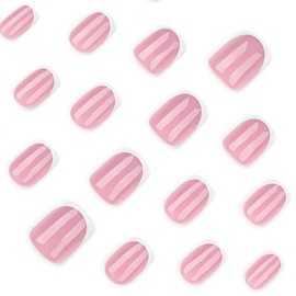 Uñas postizas blancas con punta francesa, cortas y cuadradas, con acabado brillante; uñas postizas acrílicas reutilizables color rosa nude para uso di