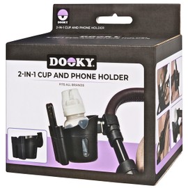 Dooky 2-in-1 Cup and Phone holder for Pram, Anti-Slip Rubber-Padded Layer for Extra Stability, Universal Fit, Adjustable Velcro Strap, 360 Degree Flexibility, BPA Free, Unbreakable, Shockproof, Black