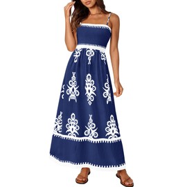 PRETTYGARDEN Summer Dress for Women 2025 Floral Sundress Spaghetti Strap Flowy Beach Vacation Boho Maxi Dresses (Dark Blue White Floral,XX-Large)