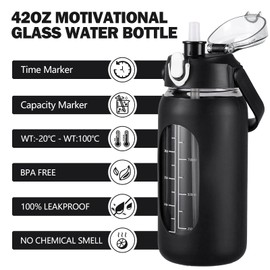 kytffu 42oz Glass Water Bottles with Straw, Motivational Glass Bottle with Silicone Sleeve and Time Marker, Leakproof Large Glass Water Jug for Gym Home Office,Black