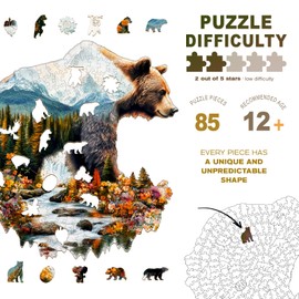 Wooden Puzzles for Adults - Bear and Nature Wooden Jigsaw Puzzle for Adults - Unique Animal Shaped Wood Puzzles Adult - Creative Birthday Gift Family Game