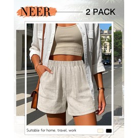 Neer 2 Pack Women's Linen Shorts Elastic Waist Casual Comfy Summer Pull on Beach Shorts with Patch Pocket(Black, Linen,Small)