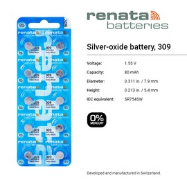 Renata 309 Single Watch Battery Swiss Made Silver Oxide 1.5 V (10 Batteries, 309 or SR754SW)