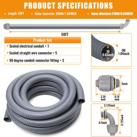 DWALE Liquid-Tight Conduit and Connector Kit,Flexible Non Metallic Liquid Tight Electrical Conduit,3/4inch 50ft Electrical Conduit Kit,with 5 Straight and 3 Angle Fittings Included,3/4 in. Dia