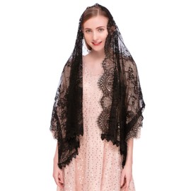 PAMOR Velo rectangular de capilla española de encaje floral Mantilla velos envolventes para la cabeza, Negro -, Talla única