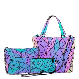 LOVEVOOK Geometric Luminous Purses and Handbags for Women Holographic Reflective Crossbody Bag Wallet 3PCS