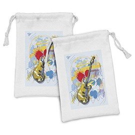 Ambesonne Art Fabric Pouch Set of 2, Abstract Musical Instrument Expressionist Artwork Stained and Tainted Background Print, Small Drawstring Bag for Toiletries Masks and Favors, 9" x 6", Teal Yellow