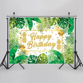 Tropical Palm Happy Birthday Backdrop 7x5FT Hawaiian Luau Birthday Background Jungle Green Gold Leaves Birthday Decoration for Men Women Party Banner Supplies Photo Props (2.1 x 1.5m)