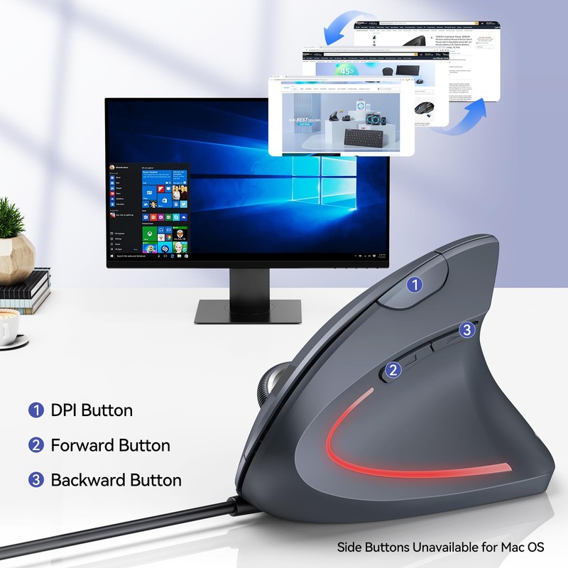 TECKNET Wired Ergonomic Mouse, 6400 DPI Vertical Mice 6 Buttons