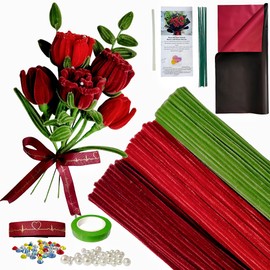 YYUENG TAK 200 pcs Red Pipe Cleaner Flowers Craft kit for DIY Rose Bouquet with tutoria,Chenille Stem Flowers Craft with 12 pcs Green Floral Wires,Gardening Tape,Pearls, Rhinestones,Wrapping Paper