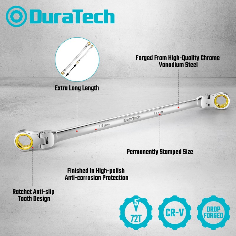 DURATECH Extra Long Anti-Slip Flex-Head Ratcheting Wrench Set, Double Box
