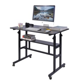 AIZ Mobile Standing Desk, Adjustable Computer Desk Rolling Laptop Cart on Wheels Home Office Computer Workstation, Portable Laptop Stand Tall Table for Standing or Sitting, Black, 39.4" x 23.6"