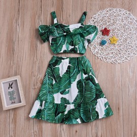Toddler Baby Girl Strap Banana Leaf Print Strappy Cold Shoulder Cropped Top + Long Skirts Outfits Clothes Set