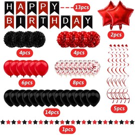 Black & Red Birthday Decorations – Happy Birthday Banner for Boys, Girls, Men, Women, Party Supplies