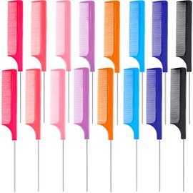 16 Pcs Rat Tail Comb Parting Rattail Comb Foiling Steel Pin Fine Tooth Fiber Heat Resistant Teasing Pintail Combs Women(Orange, Rose Red, Red, Light Blue, Purple, Dark Blue, Light Pink and Black)