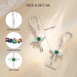 FANCIME Emerald Cross Dangle Drop Earrings 925 Sterling Silver Dainty Round May Birthstone Earring Fine Jewelry Birthday Gifts for Her Women