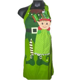 Sleigh Bell Bistro Green Elf  Cotton Apron 24”x34” D ring Adjustable Neck Towel