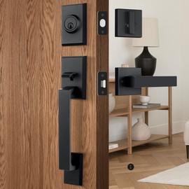 LOQRON Front Door Handleset Heavy Duty Door Handle and Deadbolt Lock Set, Square Entry Handle Set with Single Cylinder Deadbolt for Right & Left Handed Doors, Matte Black
