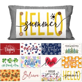 Hahafelt Seasonal Holiday Throw Pillow Cover with 12 Interchangeable Pillow Panels Summer Pillowcase 4th of July Rectangle Canva Lumbar Pillowcase for Home Office Decoration(Gray and White Stripes)