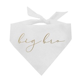 Big Bro Dog Bandana | 100% Cotton Adjustable Triangle | Made in USA | Pregnancy Announcement Photoshoot Prop | New Baby | Gender Reveal | Mettalic Gold Print | White One Size (615)