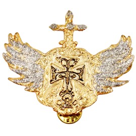 Needzo Gold Toned Cross with Angel Wings Rhinestone Cowboy Hat Pin, Collectible Western Lapel Pins, Sparkly Rodeo Accessories for Men and Women, 2.5 Inches