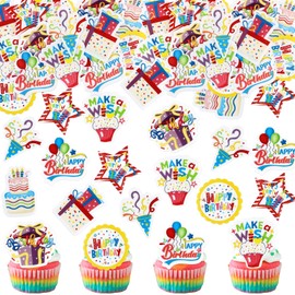 Ercadio 40 Pcs Edible Happy Birthday Cupcake Toppers Picks Colorful Let's Party Make A Wish for Celebrate Birthday Parties Anniversary Party Baby Shower Decoration Supplies