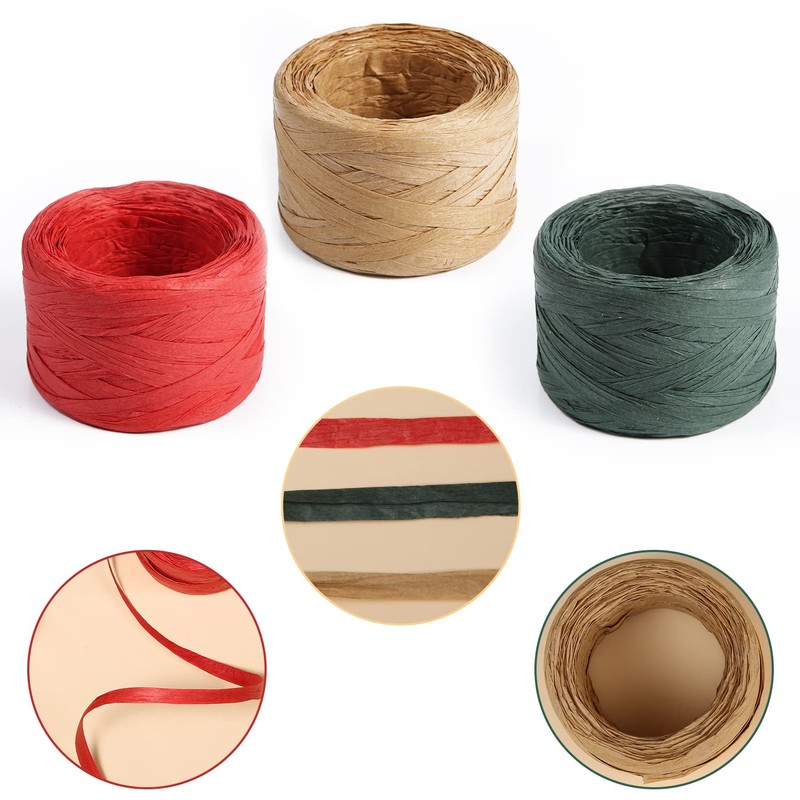 LUTER 3 Rolls Christmas Raffia Paper Ribbon, Natural Raffia Paper