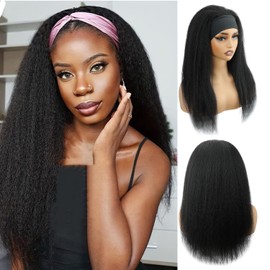 CYIKLI Kinky Straight Headband Wig 18 Inch Human Hair Headband Wigs for Black Women Glueless Yaki Straight Human Hair Headband Wigs Natural Black color