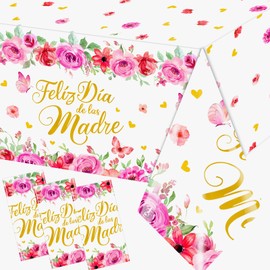Mothers Day Tablecloth, 3Pcs Feliz Dia De La Madre Tablecloth Rose Pink Mothers Day Party Decorations Plastic Table Cloths Best Mom Rectangle Table Cover for Mother's Day Party Supplies