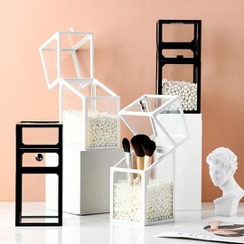 London Boutique Luxury Glass Makeup Brush Holder with Pearl Beads, 21cm Height, Dustproof Lid, Available in White/Black/Green (White)