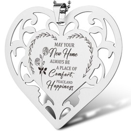 New Home Gift Stainless Steel Heart Ornament, “May Your New Home Always Be...” Hanging Hollow Heart Tag with Floral Design, Housewarming Decor Keepsake,XXU6