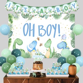 Wonmelody Dinosaur Baby Shower Decor for Boy Blue with Rawr its A Boy Backdrop Banner Hatching Soon Dinosaur Baby Shower Cupcake Toppers Supplies for Oh Boy Hatching Soon Baby Shower Dino Roar Party