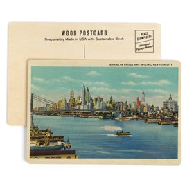 New York City, New York, View of the Brooklyn Bridge and the NYC Skyline, Vintage Halftone (4x6 Birch Wood Postcards, 2-Pack Stationary, Rustic Home Wall Decor)