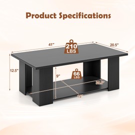 Giantex Rectangle Wood Center Table, 41" L 2-Tier Large Modern Tea Table w/Open Compartment, Easy Assembly, Accent Coffee Table for Living Room, Reception Room, Black