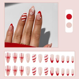 Christmas Press on Nails Almond Medium Fake Nails Red French Tip False Nails with Snowflake Bow Design Glue on Nails Glossy Full Cover Stick on Nails Xmas Acrylic Nails for Women Winter Manicure 24Pcs