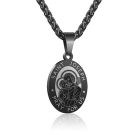 P. BLAKE Black St. Saint Joseph Medal Necklace for Men Religious Stainless Steel Catholic Saint Joseph Pendant Chain