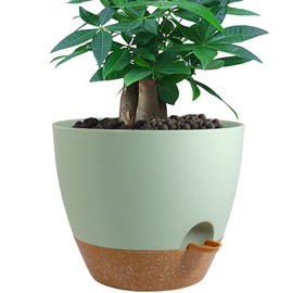 UOUZ 12 inch Large Self Watering Pots, Plastic Planters with 60oZ Removable Deep Reservoir and Multi Mesh Drainage Holes for Indoor Outdoor Garden Plants and Flowers, Green with Brown