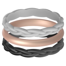 ThunderFit Women Silicone Wedding Bands - Stackable Rings Pack (Set of 3) - Unique Designs (Black, Grey A, Rose Gold A - Size 4.5-5 (15.7mm))
