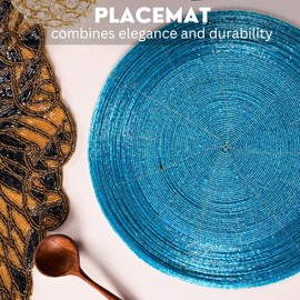 Alpha Living Home 13 Inch Round Glitz Handmade Beaded Charger Placemats - Set of 4 Handmade Beaded Placemats - Everyday Dining - Sparkly Star Command Blue